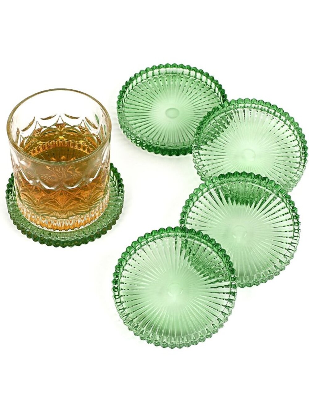 Modern Clear Coaster Set of 5- Glass Coasters for Drinks, Clear Green